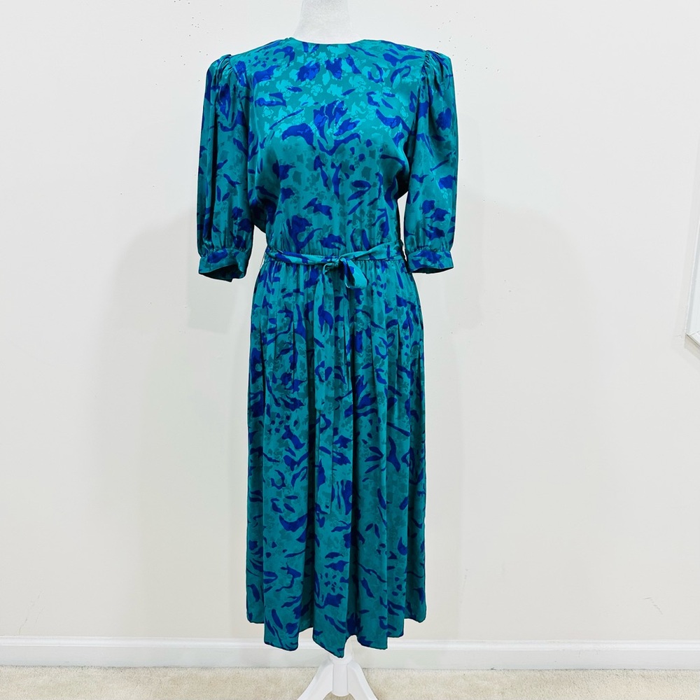 Vintage 80s Rare Adrianna Papell‎ Women’s Silk Day Dress: Teal Cobalt  Size 4